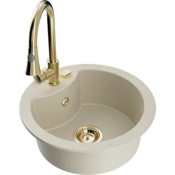 Mexen Diego granitový dřez s 1 komorou s kuchyňskou baterií Elia, béžový - 6512-69-670101-50 Granitové dřezy s baterií