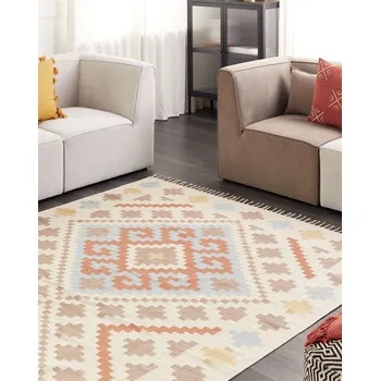 Koberec Kelimový koberec vícebarevný bavlněný 200 x 300 cm obdélníkový s krátkým vlasem geometrický vzor střapce tradiční design Beliani