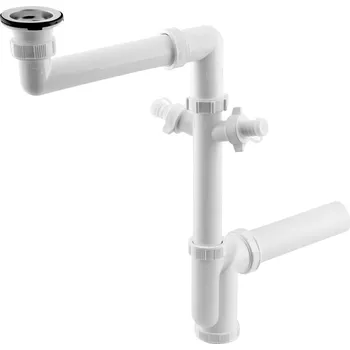 Dřezový sifon šetřící místo, 2x odbočka, nerez výpust se zátkou, 6/4", DN40, bílá