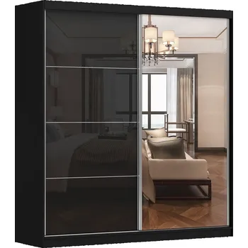 Šatní skříň Šatní skříň POLICARPO 31 šířky 203 cm se zrcadlem, černá/černý lesk +možnost VÝNOSU + vyzvednutí ZDARMA