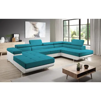 Sedací souprava Rohová rozkládací sedačka SINGER U, pravá, tyrkysová/bílá +možnost VÝNOSU + vyzvednutí ZDARMA