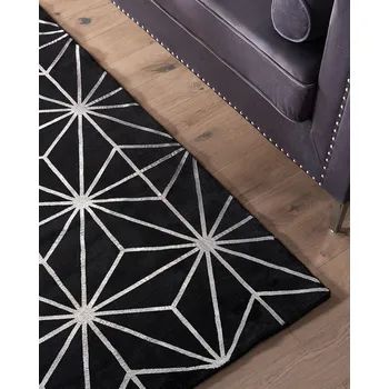 Koberec koberec Černý se stříbrným geometrickým vzorem viskózy s bavlnou 160 x 230 cm pro obývací pokoj ložnice moderní glamour styl Beliani