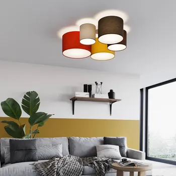Stropní svítidlo Lindby Laurenz, 5 světel, 93 cm, červené/žluté, textilní - Ø stínítek - 20 cm, 25 cm, 30 cm, 35 cm, 40 cm šedá, hnědá, černá, červená, žlutá 5 x 15 W - Doprava zdarma