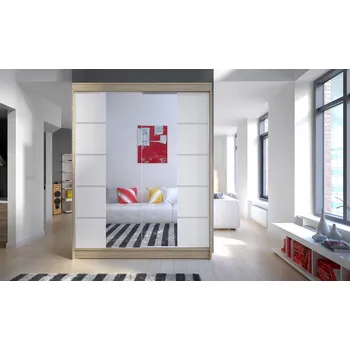 Šatní skříň Šatní skříň se zrcadlem SVEZIA V, dub sonoma/bílá +možnost VÝNOSU + vyzvednutí ZDARMA