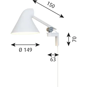 Lampička Louis Poulsen NJP LED nástěnné světlo krátké, bílá - Ø stínidla 14,9 cm; nástěnný držák - výška 7 cm, vyložení 6,3 cm; délka ramena 15 cm; délka kabelu 330 cm bílé 1 x 10 W LED - Doprava zdarma