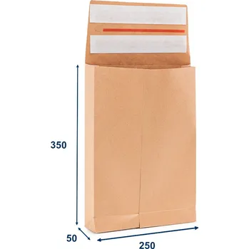 Obálka 250 ks - Obálka papírová s křížovým dnem a bočními sklady (kraft) 250x350, 2 lepící pásky