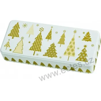Dóza na potraviny GLORIA bílá plechová dóza na čokoládu 3527 se zlatými stromky a vločkami