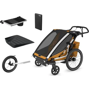vozík za kolo Thule Chariot Sport 2 DOUBLE Natural gold G3 + jogging kit 2 + organizer + podložka pod nohy + power banka Akční set dvoumístného vozíku za kolo a kočárek