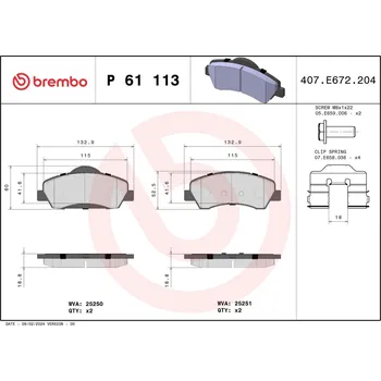 Brzdová destička Sada brzdových destiček, kotoučová brzda BREMBO P 61 113
