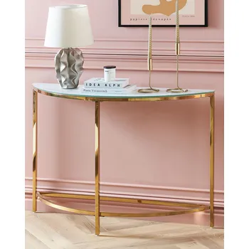 Konferenční stolek Konzolový stolek bílý a zlatý skleněná stolová deska mramorový vzhled kovový rám 111 x 36 cm glamour moderní elegantní design Beliani