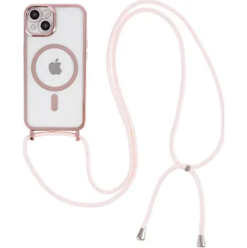 Pouzdro na mobilní telefon Kryt pro Apple iPhone 15 Plus - podpora MagSafe + šňůrka - gumový - průhledný / Rose Gold