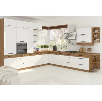 Kuchyňská linka Rohová kuchyně ZEATA 330 x 340 cm, korpus: dub lancelot, dvířka: bílý lesk/dub lancelot + vyzvednutí ZDARMA