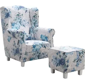 Křeslo Křeslo ušák AS s taburetem - vzor Růže, modrá - růže / bílá (3995/103)
