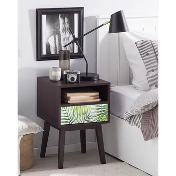 Noční stolek Noční stolek, barva dřeva, palmový motiv, MDF deska, dřevovláknitá deska, gumové dřevo, 61 x 40 x 40 cm, moderní džunglová zásuvka, ložnice Beliani