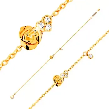 Náramek Náramek ze žlutého 14K zlata - růžička a čiré zirkonové srdce, 185 mm