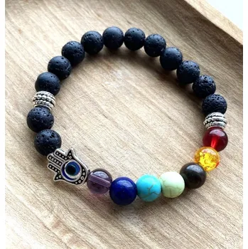 Náramek Lávový náramek s broušenými čakrovými kameny a rukou Fatimy