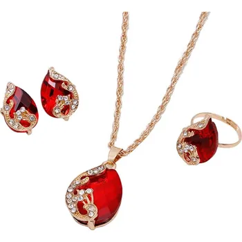 Souprava šperků Sada bižutérie s broušenými kameny zdobené kapky Páv Sytě červená