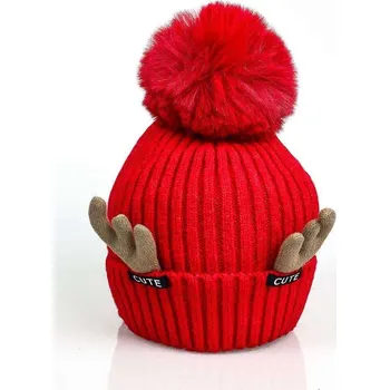 Čepice Dámská veselá čepice s bambulí sobík v červené barvě, VELIKOST UNI
