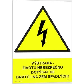 Traiva s.r.o. Výstraha - životu nebezpečno dotýkat se drátů i na zem spadlých! Verze: Plast 210 x 297 mm (A4) tl. 0.5 mm - Kód: 00547