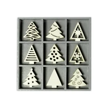 Vánoční dekorace Dřevěné ozdoby v boxu 45ks - stromky - 9 motivů po 5 ks, rozměr motivu: 3x3cm.