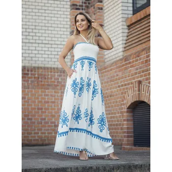 Dámské šaty BudesIN Dlouhé bílé letní šaty Kirrily s modrým vzorem
