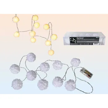Vánoce Světelný řetěz 10 LED látkové bílé koule 6 cm na baterie 1,8 m teplé světlo