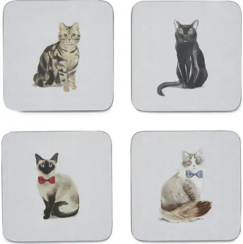 prostírání City Look, Anglie CL - Korkové prostírání pod skleničky Curiours Cats 4 ks - 10,5*10,5 cm