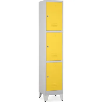 Šatní skříň Kovová šatní skříňka - 3 boxy, 38 x 45 x 196,5 cm, nastavitelné nožky, otočný zámek, žlutá - ral 1023