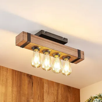 Stropní svítidlo Lindby Sverina, 46 cm, hnědá barva, dřevo, kov - Stříška - délka 20 cm, šířka 2,5 cm hnědá, černá 4 x 40 W - Doprava zdarma