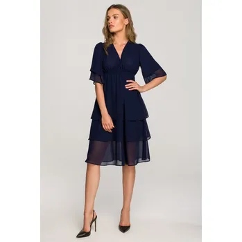 Dámské šaty Elegantní šifonové šaty s vrstvenou sukní S321 - Modré XL Barva: Tmavě Modrá, Velikost: XL