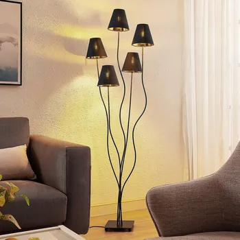 Lampička Lindby Komalie stojací lampa, pět zdrojů, černá - stínidlo - Ø 16 cm, výška 14,5 cm; noha - délka/šířka 20 cm, výška 3 cm; délka kabelu 188 cm černý, zlatý 5 x 40 W - Doprava zdarma