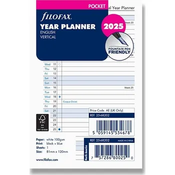 Náplň do diáře Roční plánovací kalendář 2025, Aj vertikální, náplň kapesních diářů Filofax