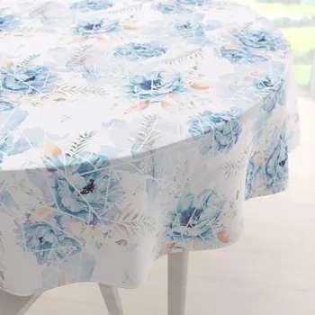 ubrus Teflonový kulatý ubrus TF-087 Modré květy na geometrickém bílém Ø 60 cm