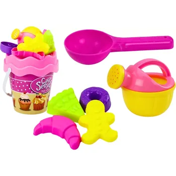 Hračka na písek Růžová sada na písek s motivem sladkostí – kyblík, konvička a formičky, 8 dílů