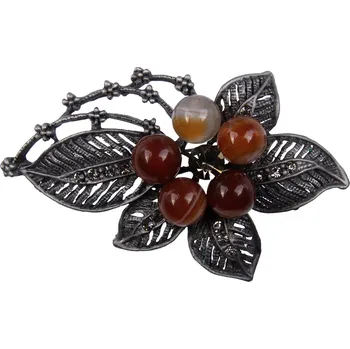 Brož Brož - rozvinutý květ se zirkony a korálky, hnědá barva, 9001805-4