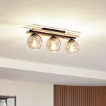 Stropní svítidlo Lindby Enrique, jantarová barva, 3 světla, sklo, dřevo, E27 - Stříška - délka 25 cm, šířka 6 cm, výška 2,5 cm; stínítka - Ø 15 cm, výška 12 cm světlé dřevo, jantar, černá 3 x 15 W LED - Doprava zdarma