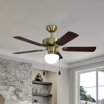 Lampička EGLO Stropní ventilátor Cadiz, E27, kabelový vypínač, starožitná mosaz - Stříška: Ø 15,3 cm, výška 12 cm starožitná mosaz, ořech, dub 1 x 40 W - Doprava zdarma
