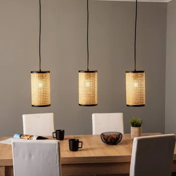 Svítidlo Závěsné svítidlo Lindby Yaelle, délka 92 cm, 3 světla, ratan, E27 světlé dřevo 3 x 15 W LED - Doprava zdarma