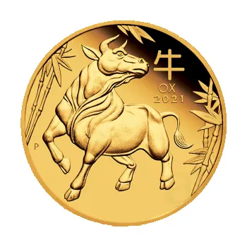 1 unce zlatá mince Austrálie Lunar III vůl 2021 - leštěná deska