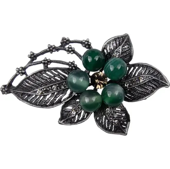 Brož Brož - rozvinutý květ se zirkony a korálky, zelená barva, 9001805-2