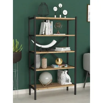 Knihovna Regál ERICH 63 cm, lamino borovice, kov černý matný lak