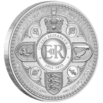 Exkluzivní stříbrná mince Královna Alžběta II. - Platinové výročí nástupu na trůn 5 Oz (H.M.Queen Elizabeth II.) 2022 (v minci je vsazen DIAMANT) PROOF