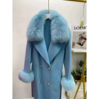Dámský kabát Vlněný dámský kabát s pravou kožešinou Barva: Modrá, Velikost: S