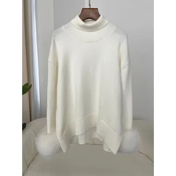 Pletený svetr rolák s pravou kožešinou Barva: Bílá, Velikost: ONE SIZE