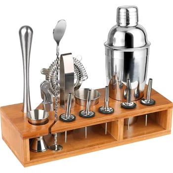 Barmanský set, sada 14 dílů, s bambusovým stojánkem, šejkr se sítkem