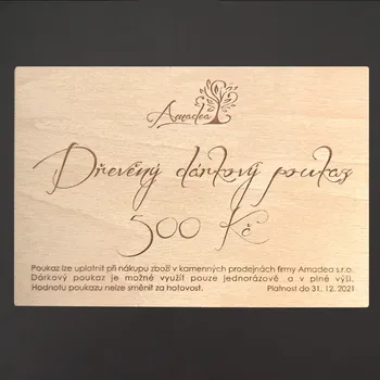 Šperk Dřevěný dárkový poukaz do kamenných obchodů firmy Amadea s.r.o. v hodnotě 500 Kč