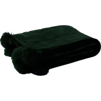 Přehoz na lůžko Černý plyšový pléd Pompom s bambulemi - 130*170cm