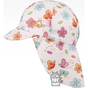Pokrývka hlavy Kšiltovka klobouček Dráče SAFARI 05 funkční lehký letní s krytím krku bílý s barevnými kytičkami a motýlky velikost čepic: 46-48cm