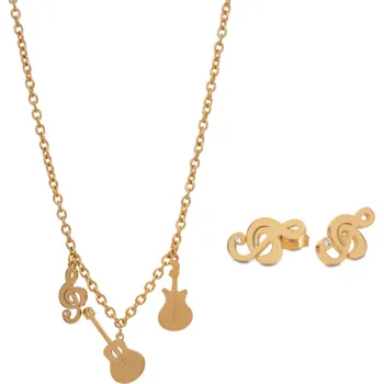 Náhrdelník Bižuterní sada - náhrdelník HOUSLOVÝ KLÍČ a KYTARY a náušnice HOUSLOVÉ KLÍČE s kamínkem, zlatá