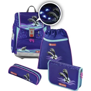 Hama 139132 Školní aktovka pro prvňáčky - 4-dílný set, Step by Step Flash blikačka Delfíni, certifikát AGR